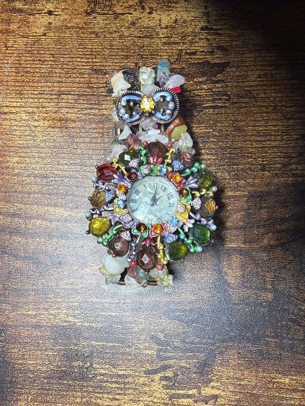 Quartz Ornate Floral Rhinestone Watch w Multi-Strand Chip Stone Bracelet